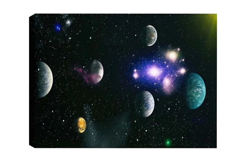 Lerretsbilde - Storslått romscene med flere planeter og stjerner, Blå / Grønn / Lilla