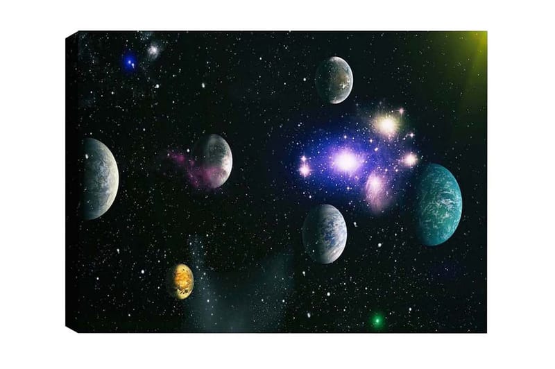 Lerretsbilde - Storslått romscene med flere planeter og stjerner, Blå / Grønn / Lilla