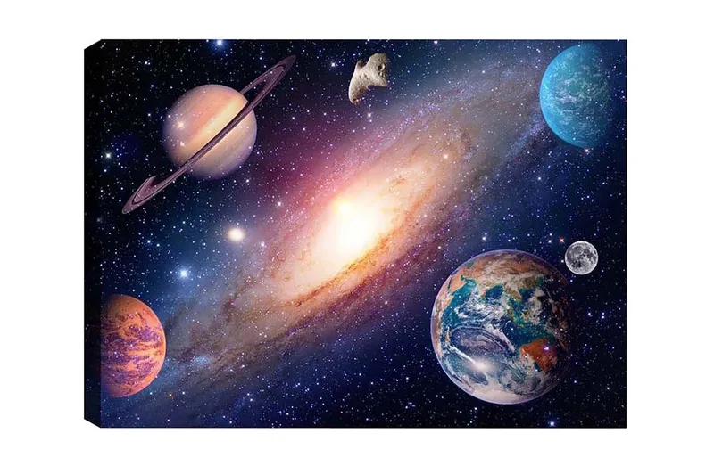 Lerretsbilde - Storslått romscene med planeter og galakser, Blå / Lilla / Oransje