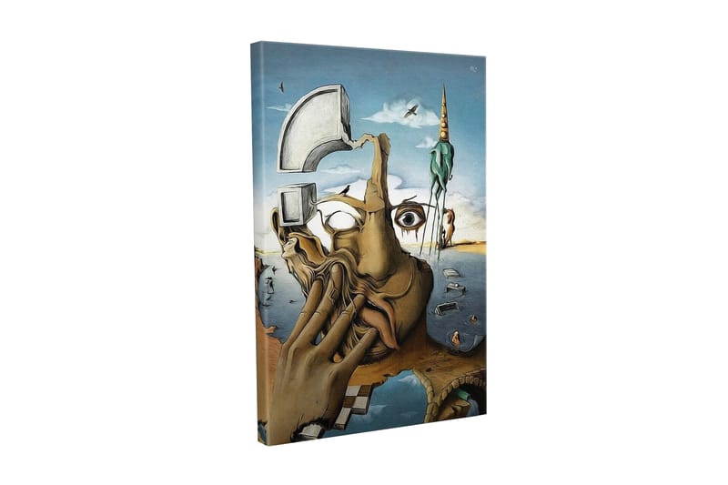 Lerretsbilde - Surrealistisk komposisjon med en hånd som dekker ansiktet og et øyeblikksbilde av en drømmeverden, Beige / Blå / Grønn