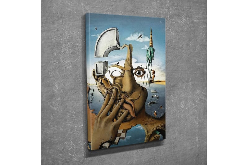 Lerretsbilde - Surrealistisk komposisjon med en hånd som dekker ansiktet og et øyeblikksbilde av en drømmeverden - Beige / Blå / Grønn - Innredning - Bilder & kunst - Lerretsbilder