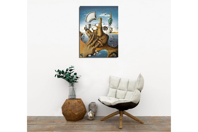 Lerretsbilde - Surrealistisk komposisjon med en hånd som dekker ansiktet og et øyeblikksbilde av en drømmeverden - Beige / Blå / Grønn - Innredning - Bilder & kunst - Lerretsbilder