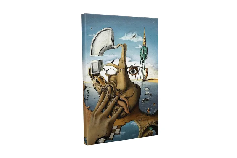 Lerretsbilde - Surrealistisk komposisjon med en hånd som dekker ansiktet og et øyeblikksbilde av en drømmeverden - Beige / Blå / Grønn - Innredning - Bilder & kunst - Lerretsbilder