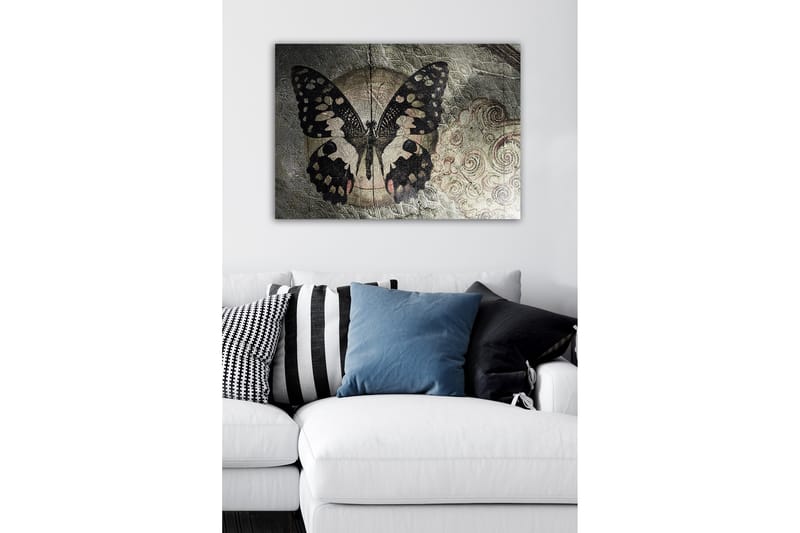 Lerretsbilde - Svart sommerfugl med mønster mot en diskré bakgrunn - Svart / Beige / Grå - Innredning - Bilder & kunst - Lerretsbilder