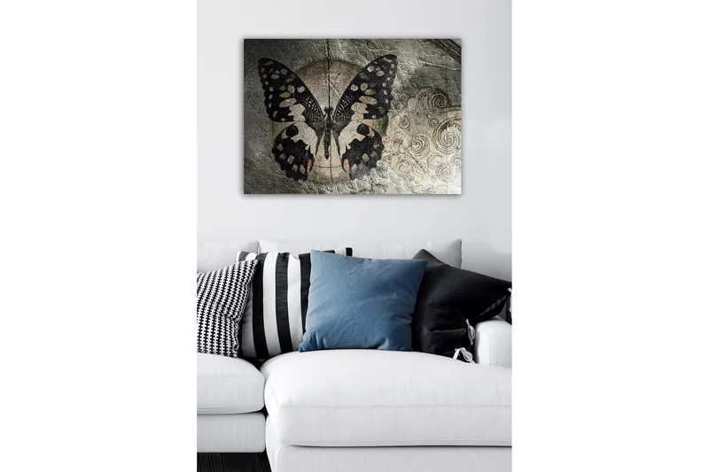Lerretsbilde - Svart sommerfugl med mønster mot en diskré bakgrunn - Svart / Beige / Grå - Innredning - Bilder & kunst - Lerretsbilder