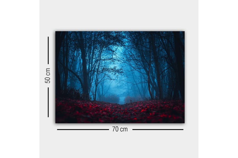 Lerretsbilde - Tåkete skog med rødlige blader i en mystisk atmosfære - Mørk blå / Rød - Innredning - Bilder & kunst - Lerretsbilder