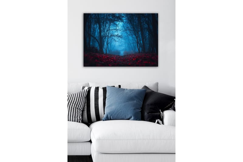 Lerretsbilde - Tåkete skog med rødlige blader i en mystisk atmosfære - Mørk blå / Rød - Innredning - Bilder & kunst - Lerretsbilder