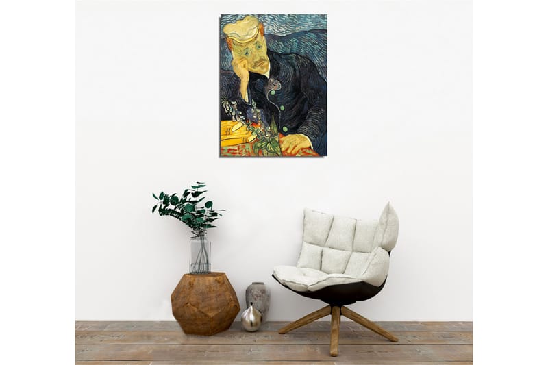 Lerretsbilde - Tankfull mann med en blomsterbukett - Mørk blå / Grønn / Hudfarge - Innredning - Bilder & kunst - Lerretsbilder