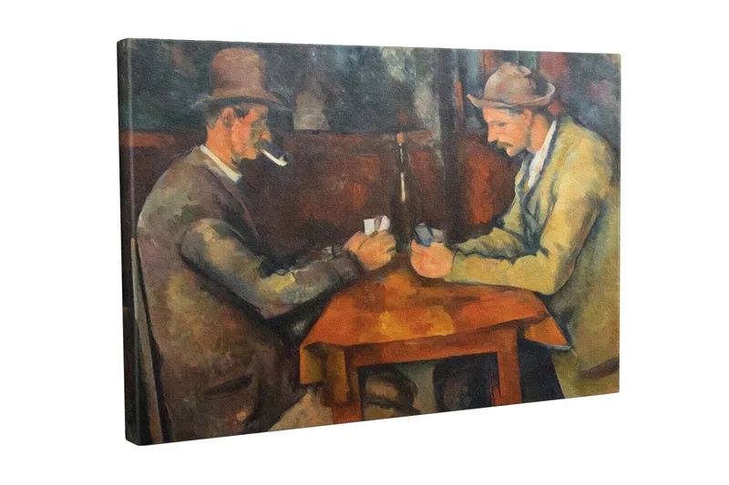 Lerretsbilde - To menn som spiller kort ved et bord, Mørk brun / Beige / Oransje