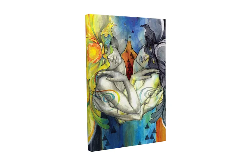 Lerretsbilde - To sammenflettede figurer med fugler på hodene og fargerike mønstre, Gul / Blå / Svart