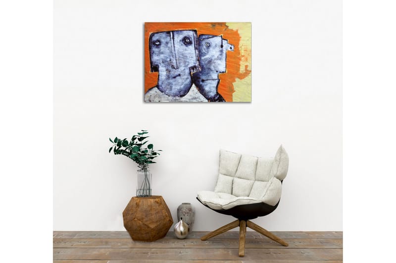 Lerretsbilde - To stiliserte ansikter med uttrykksløse trekk - Grå / Oransje / Beige - Innredning - Bilder & kunst - Lerretsbilder