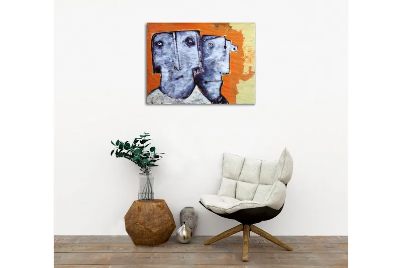 Lerretsbilde - To stiliserte ansikter med uttrykksløse trekk - Grå / Oransje / Beige - Innredning - Bilder & kunst - Lerretsbilder