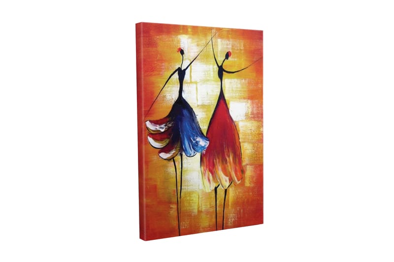Lerretsbilde - To stiliserte kvinner i fargerike kjoler som danser, Rød / Blå / Oransje