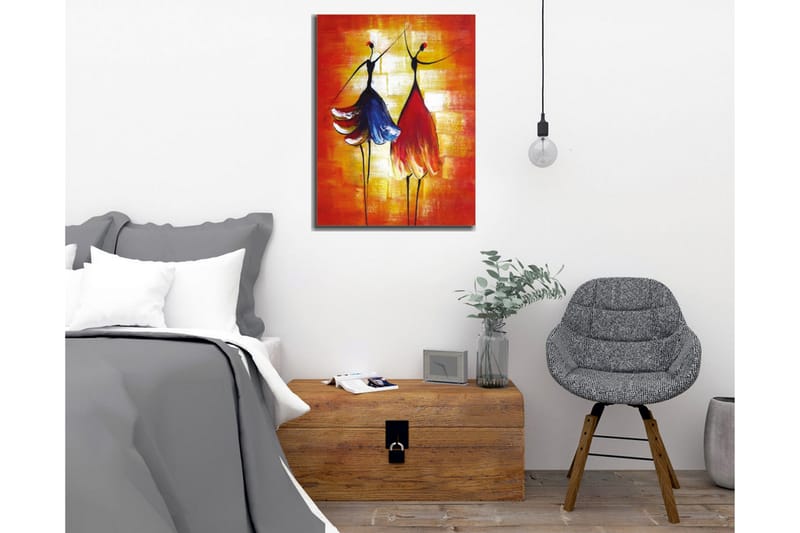 Lerretsbilde - To stiliserte kvinner i fargerike kjoler som danser - Rød / Blå / Oransje - Innredning - Bilder & kunst - Lerretsbilder