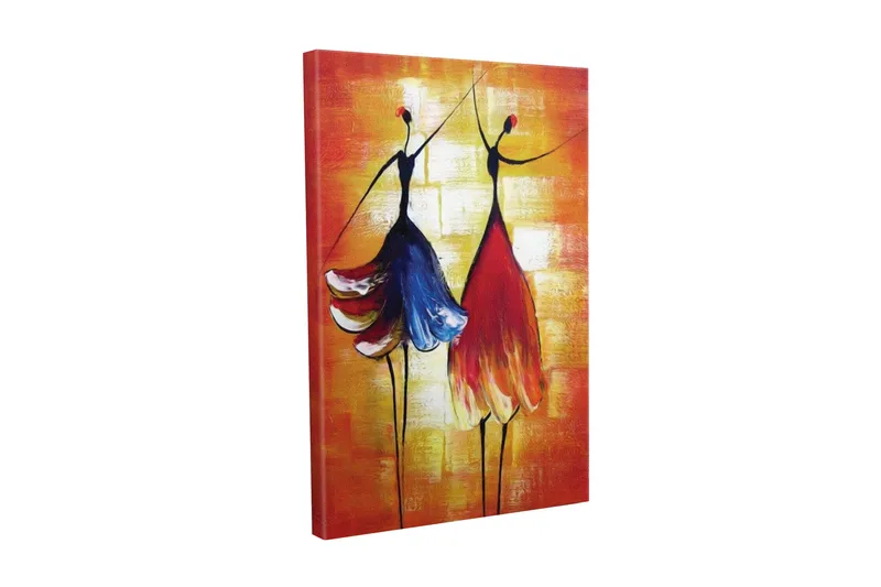 Lerretsbilde - To stiliserte kvinner i fargerike kjoler som danser, Rød / Blå / Oransje