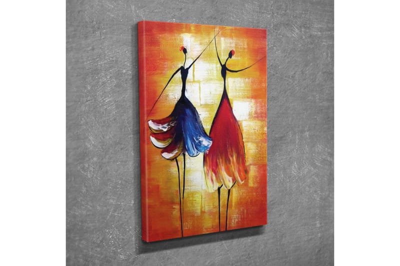 Lerretsbilde - To stiliserte kvinner i fargerike kjoler som danser - Rød / Blå / Oransje - Innredning - Bilder & kunst - Lerretsbilder