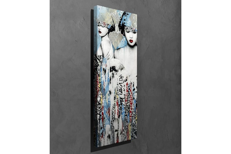 Lerretsbilde - To stiliserte kvinner med ansiktene delvis skjult av hodeplagg og sterke røde lepper - Blå / Svart / Rød - Innredning - Bilder & kunst - Lerretsbilder