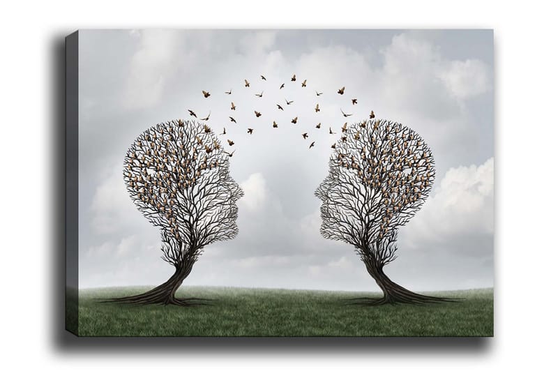 Lerretsbilde - To trær formet som ansikter med sommerfugler som svever mellom dem, Brun / Grønn / Grå