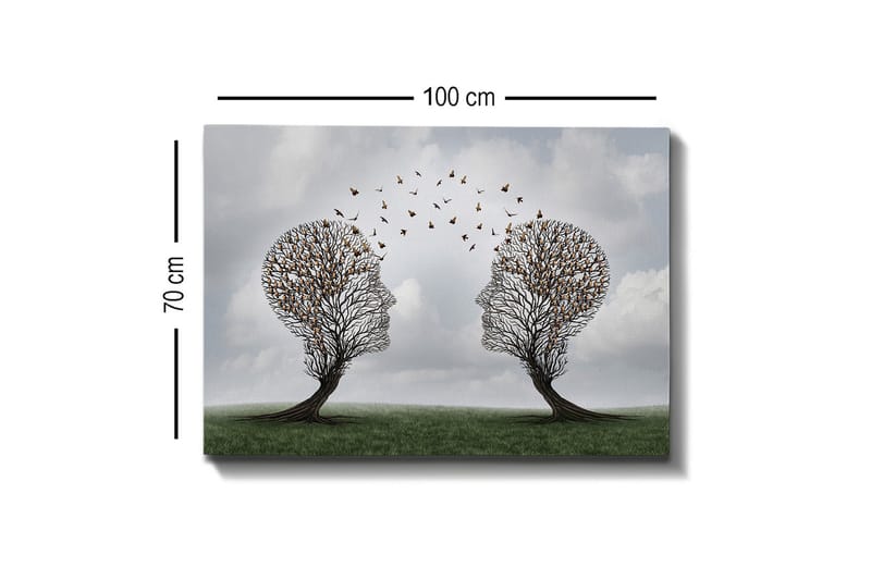 Lerretsbilde - To trær formet som ansikter med sommerfugler som svever mellom dem - Brun / Grønn / Grå - Innredning - Bilder & kunst - Lerretsbilder
