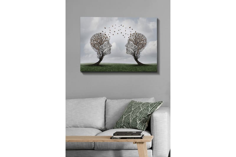 Lerretsbilde - To trær formet som ansikter med sommerfugler som svever mellom dem - Brun / Grønn / Grå - Innredning - Bilder & kunst - Lerretsbilder
