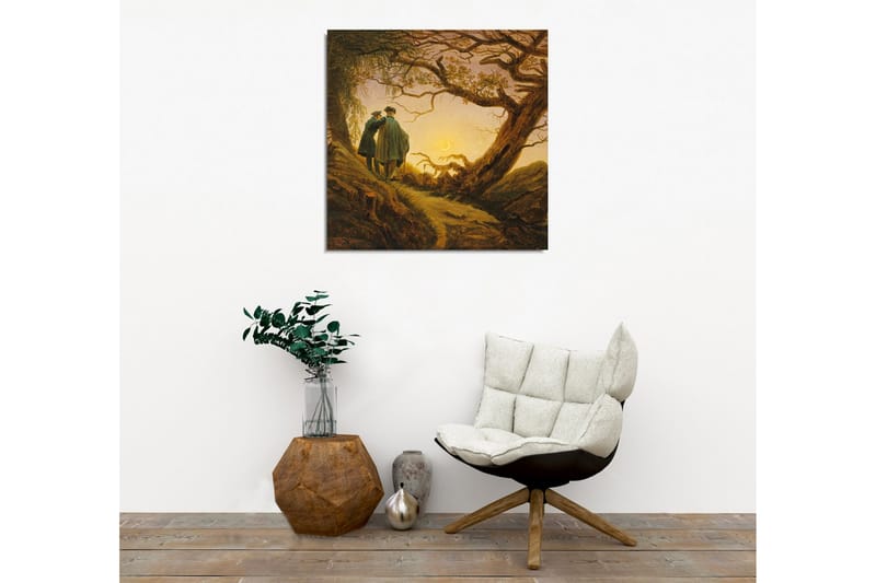 Lerretsbilde - To personer som står sammen under et stort tre ved solnedgang - Mørk grønn / Brun / Lys gul - Innredning - Bilder & kunst - Lerretsbilder