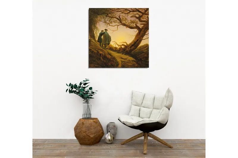 Lerretsbilde - To personer som står sammen under et stort tre ved solnedgang - Mørk grønn / Brun / Lys gul - Innredning - Bilder & kunst - Lerretsbilder