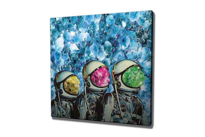 Lerretsbilde - Tre astronauter med fargerike hjelmer i en krystallklar bakgrunn, Blå / Grønn / Rosa