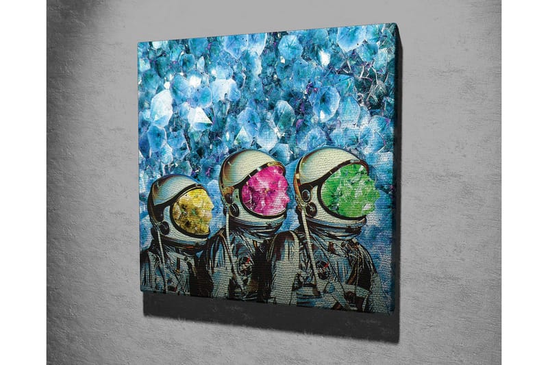 Lerretsbilde - Tre astronauter med fargerike hjelmer i en krystallklar bakgrunn - Blå / Grønn / Rosa - Innredning - Bilder & kunst - Lerretsbilder