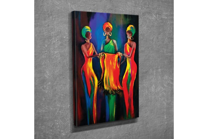 Lerretsbilde - Tre kvinner i fargerike kjoler som holder et stoffstykke sammen - Rød / Gul / Grønn - Innredning - Bilder & kunst - Lerretsbilder