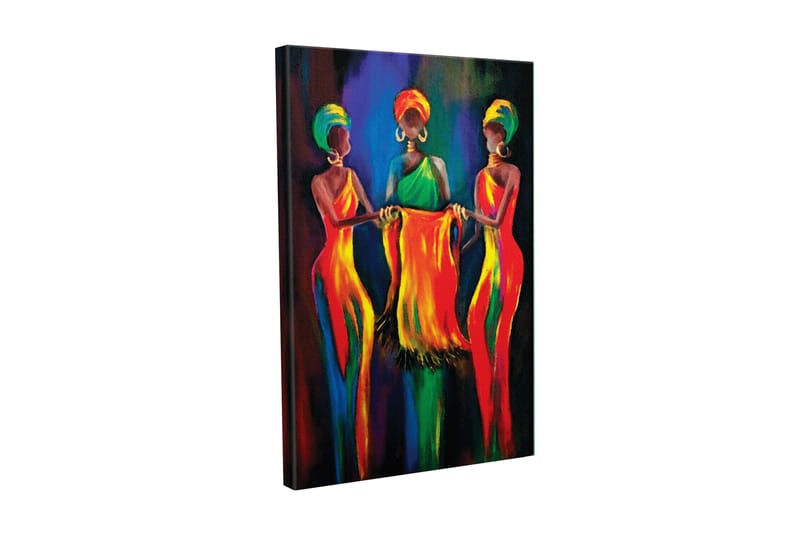 Lerretsbilde - Tre kvinner i fargerike kjoler som holder et stoffstykke sammen - Rød / Gul / Grønn - Innredning - Bilder & kunst - Lerretsbilder