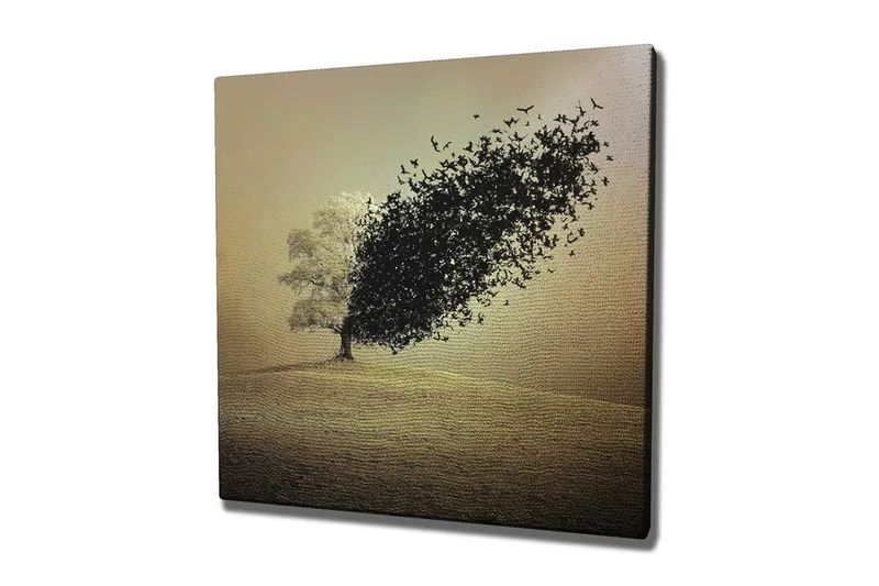 Lerretsbilde - Tre som blir til en fugleflokk, Svart / Grå / Beige