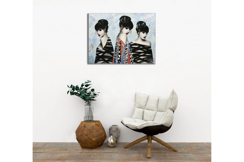 Lerretsbilde - Tre stiliserte kvinner med elegante frisyrer og fargerike klær - Svart / Rød / Blå - Innredning - Bilder & kunst - Lerretsbilder