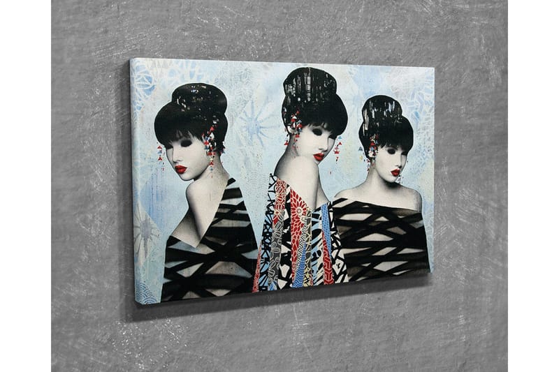 Lerretsbilde - Tre stiliserte kvinner med elegante frisyrer og fargerike klær - Svart / Rød / Blå - Innredning - Bilder & kunst - Lerretsbilder