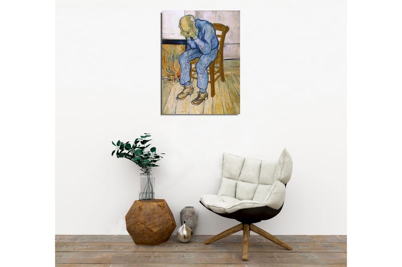Lerretsbilde - Trist mann sitter på en stol med hodet i hendene - Blå / Beige / Brun - Innredning - Bilder & kunst - Lerretsbilder
