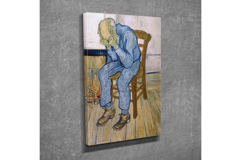 Lerretsbilde - Trist mann sitter på en stol med hodet i hendene - Blå / Beige / Brun - Innredning - Bilder & kunst - Lerretsbilder