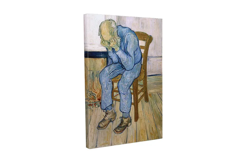 Lerretsbilde - Trist mann sitter på en stol med hodet i hendene, Blå / Beige / Brun