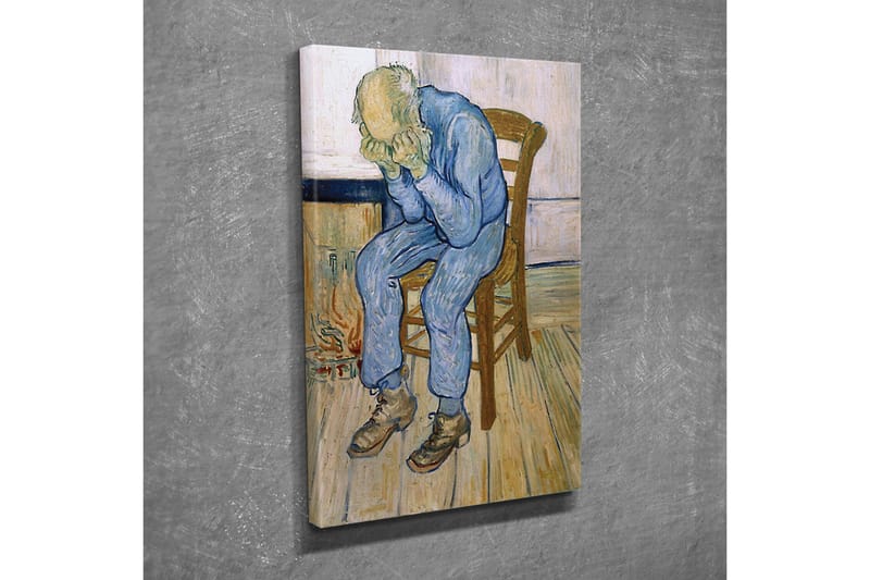 Lerretsbilde - Trist mann sitter på en stol med hodet i hendene - Blå / Beige / Brun - Innredning - Bilder & kunst - Lerretsbilder