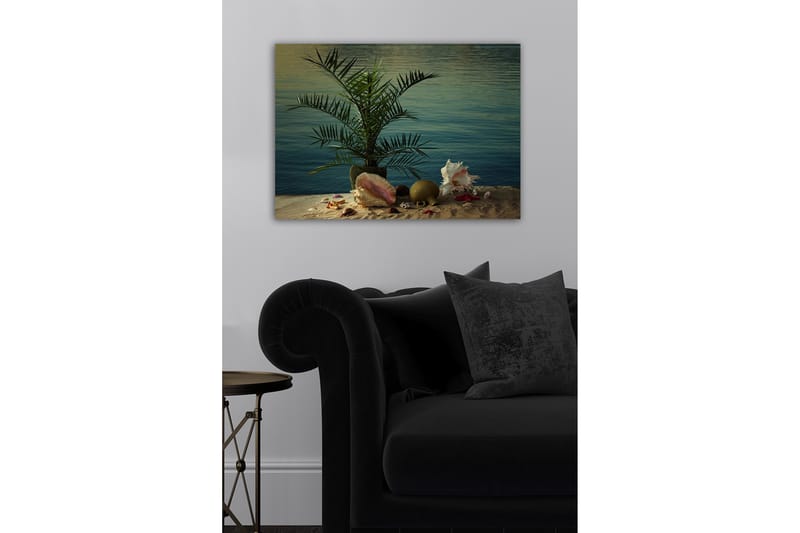 Lerretsbilde - Tropisk ro med palme og skjell ved vannet - Grønn / Beige / Rosa - Innredning - Bilder & kunst - Lerretsbilder
