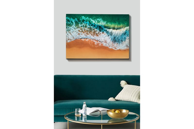 Lerretsbilde - Turkis hav med hvite bølger møter gyllen sandstrand - Turkis / Hvit / Gyllen - Innredning - Bilder & kunst - Lerretsbilder