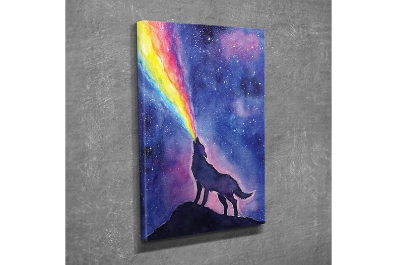 Lerretsbilde - Ulv som hyler mot en fargerik regnbue på nattehimmelen - Mørk blå / lilla / regnbuefarger - Innredning - Bilder & kunst - Lerretsbilder