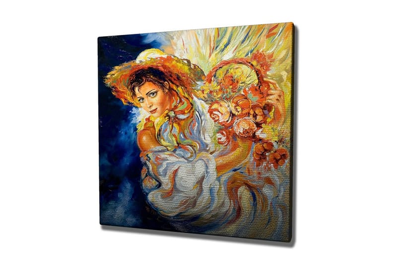 Lerretsbilde - Ung kvinne med blomster i en kurv og en stor hatt, Oransje / Blå / Hvit