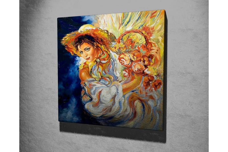 Lerretsbilde - Ung kvinne med blomster i en kurv og en stor hatt - Oransje / Blå / Hvit - Innredning - Bilder & kunst - Lerretsbilder