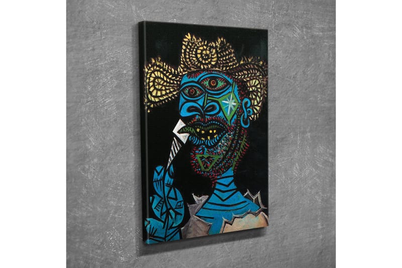Lerretsbilde - Uttrykksfullt portrett av en mann med fargerike detaljer og en dramatisk bakgrunn - Blå / Svart / Gul - Innredning - Bilder & kunst - Lerretsbilder