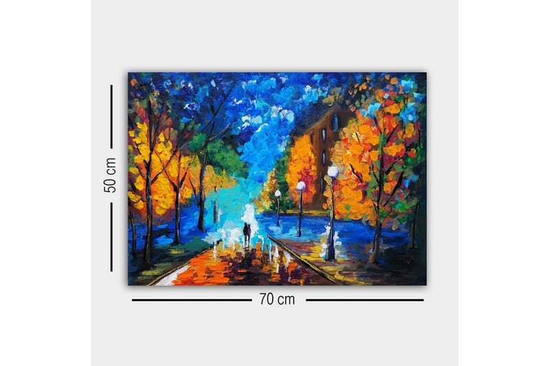 Lerretsbilde - Vakker bypark med fargerike høsttrær og en tursti i skumringen - Blå / Oransje / Grønn - Innredning - Bilder & kunst - Lerretsbilder