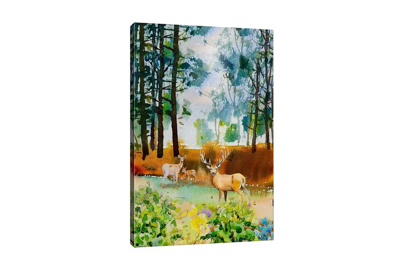 Lerretsbilde - Vakker hjort i skogsmiljø, Grønn / Brun / Beige