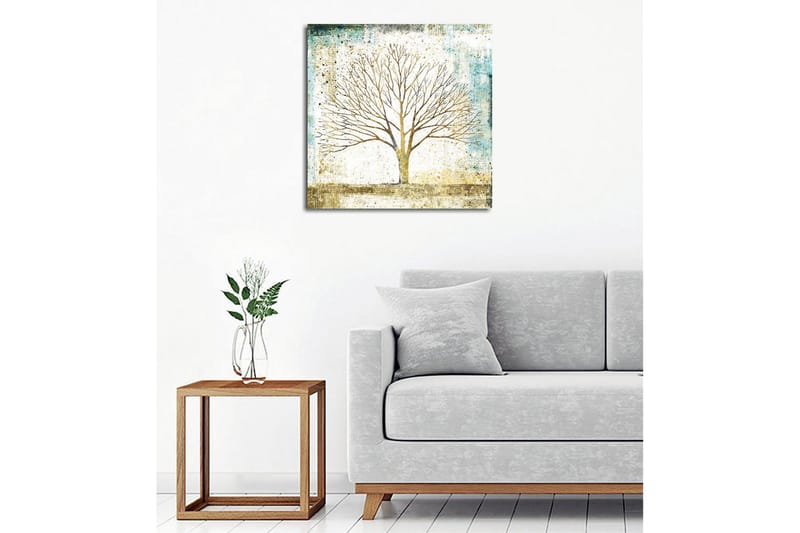 Lerretsbilde - Vakker silhuett av et tre mot en myk farget bakgrunn - Gull / Turkis / Hvit - Innredning - Bilder & kunst - Lerretsbilder