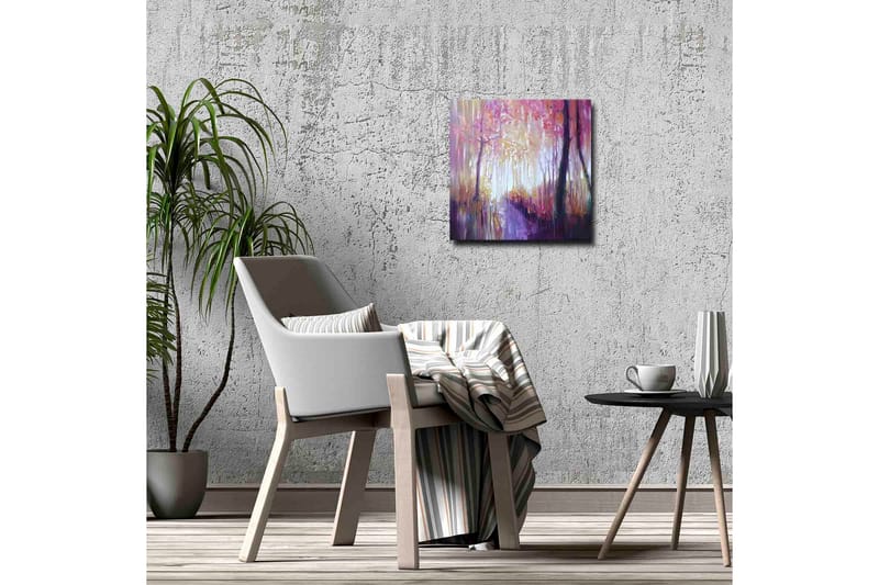 Lerretsbilde - Vakker skogsti med høstfarger og mykt lys - Lilla / Rosa / Gul - Innredning - Bilder & kunst - Lerretsbilder