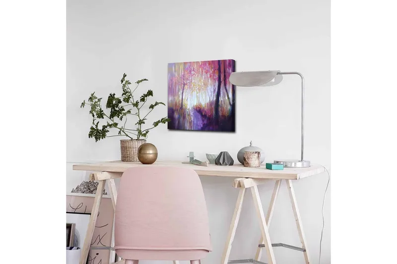 Lerretsbilde - Vakker skogsti med høstfarger og mykt lys - Lilla / Rosa / Gul - Innredning - Bilder & kunst - Lerretsbilder