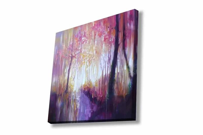 Lerretsbilde - Vakker skogsti med høstfarger og mykt lys, Lilla / Rosa / Gul