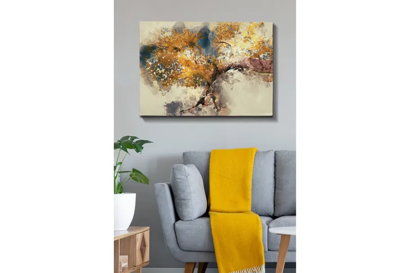 Lerretsbilde - Vakker trekrone med gyllent bladverk - Gull / Brun / Blå - Innredning - Bilder & kunst - Lerretsbilder